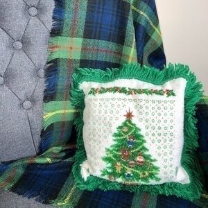 Vintage Terry Cloth Christmas Tree Throw Pillow with Fringe